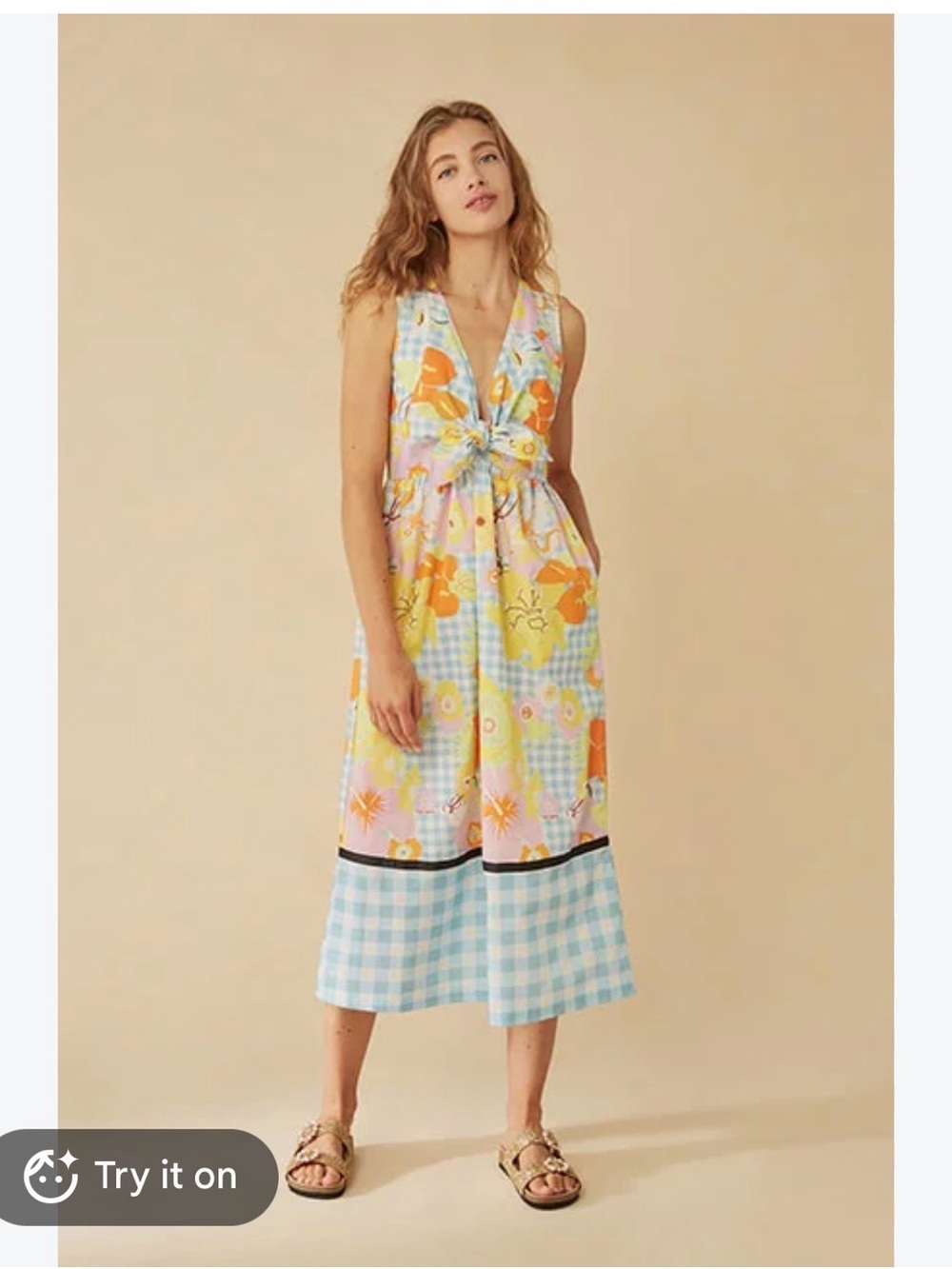 Tie-Front Floral Midi Dress in Pastel Yellow & Blue